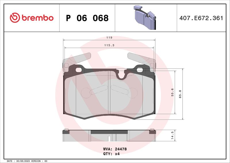 Stabdžių trinkelių rinkinys, diskinis stabdys BREMBO P 06 068