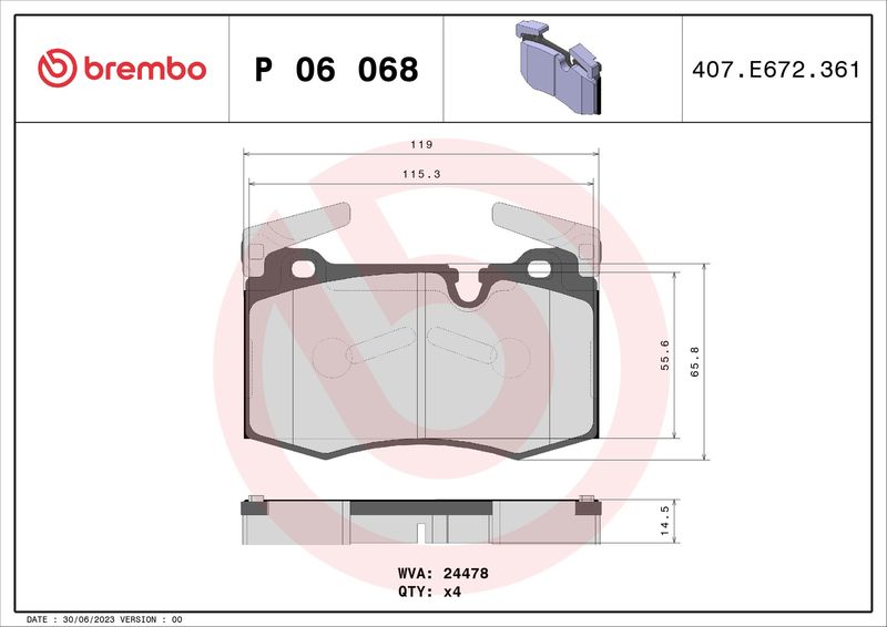 Комплект гальмівних накладок, дискове гальмо BREMBO P 06 068