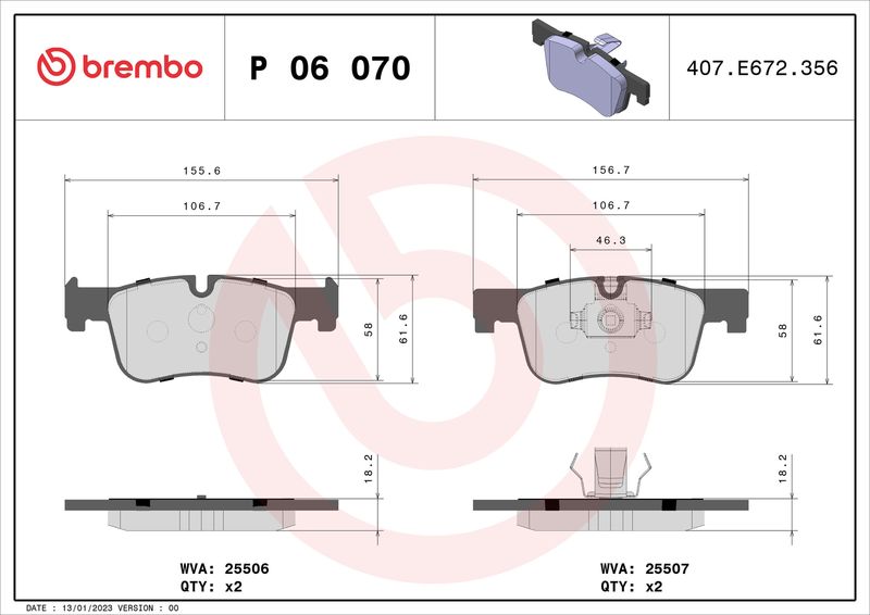 Комплект гальмівних накладок, дискове гальмо BREMBO P 06 070