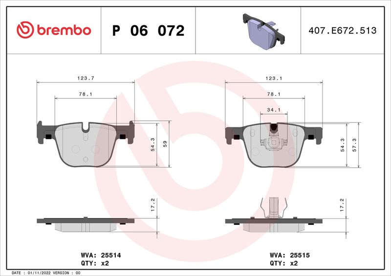 Stabdžių trinkelių rinkinys, diskinis stabdys BREMBO P 06 072