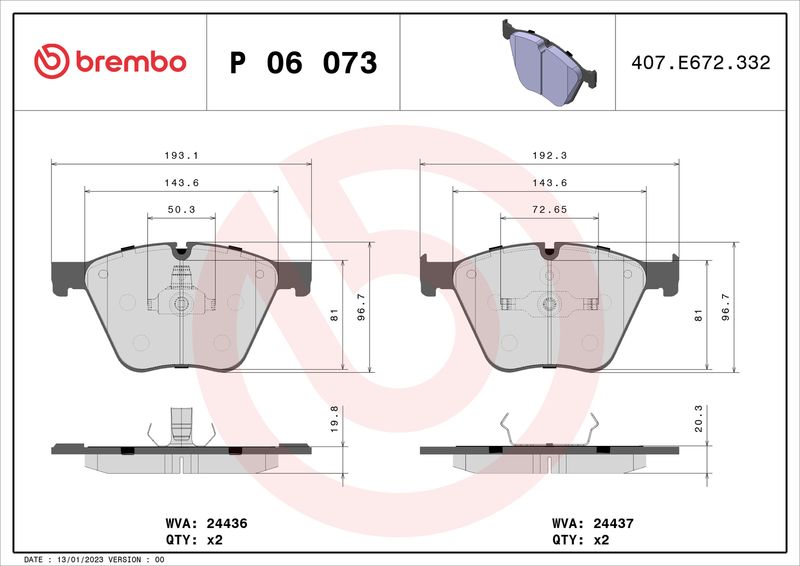 Stabdžių trinkelių rinkinys, diskinis stabdys BREMBO P 06 073