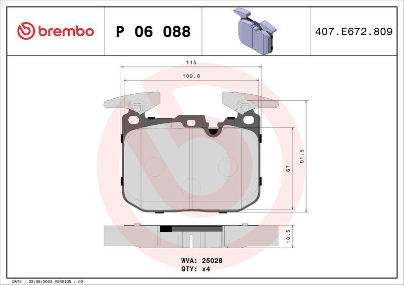 Stabdžių trinkelių rinkinys, diskinis stabdys BREMBO P 06 088