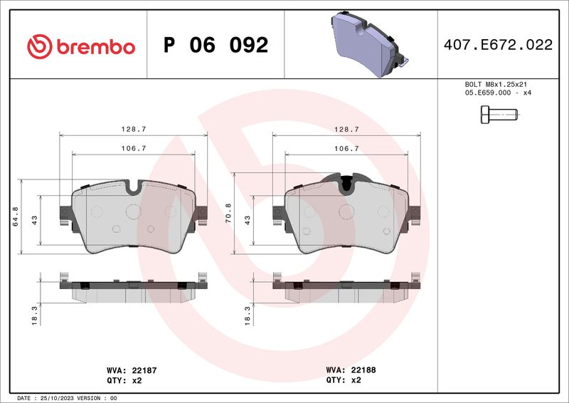 Stabdžių trinkelių rinkinys, diskinis stabdys BREMBO P 06 092