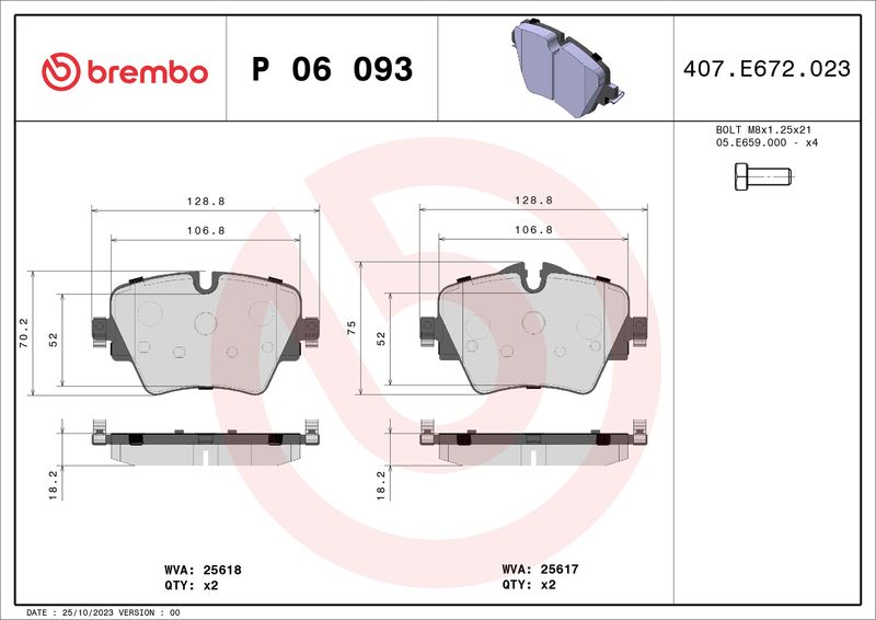 Комплект гальмівних накладок, дискове гальмо BREMBO P 06 093
