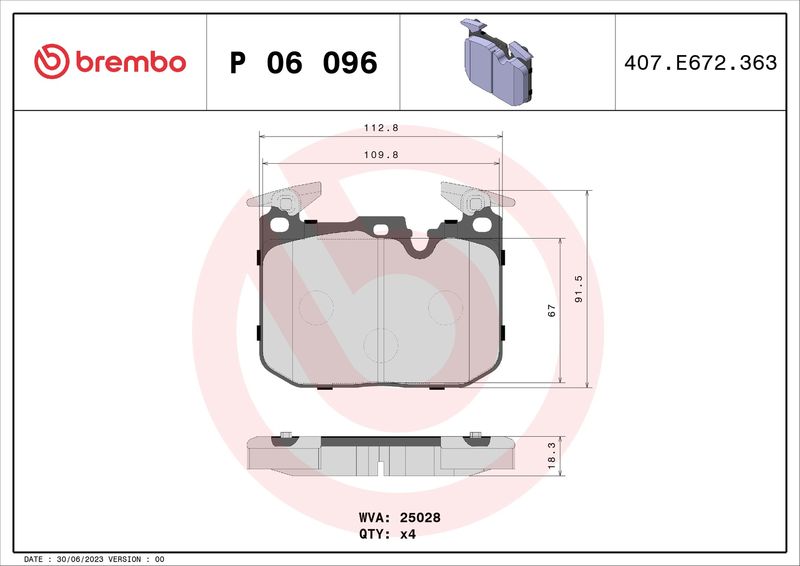 Комплект гальмівних накладок, дискове гальмо BREMBO P 06 096