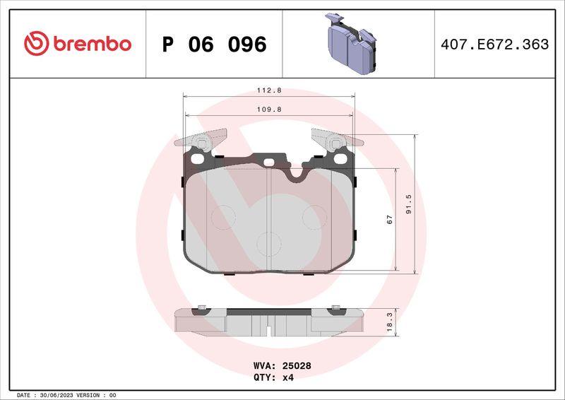 Stabdžių trinkelių rinkinys, diskinis stabdys BREMBO P 06 096X