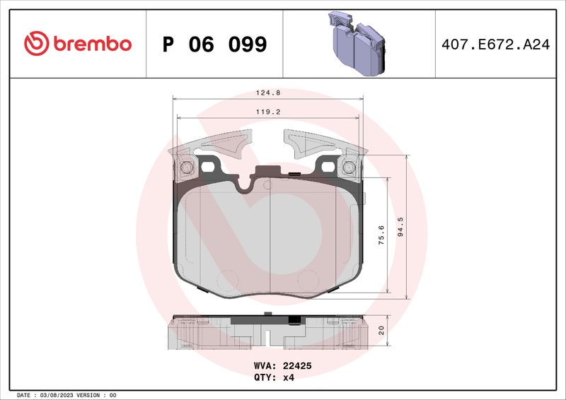 Комплект гальмівних накладок, дискове гальмо BREMBO P 06 099
