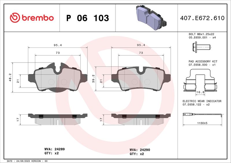 Комплект гальмівних накладок, дискове гальмо BREMBO P 06 103