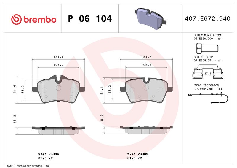 Stabdžių trinkelių rinkinys, diskinis stabdys BREMBO P 06 104