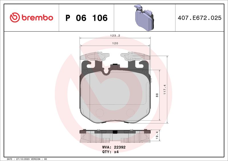 Комплект гальмівних накладок, дискове гальмо BREMBO P 06 106