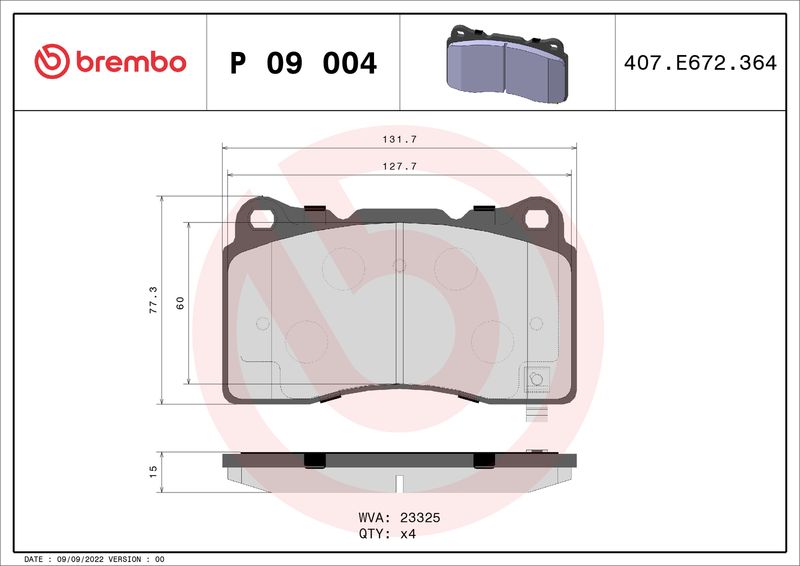 Stabdžių trinkelių rinkinys, diskinis stabdys BREMBO P 09 004