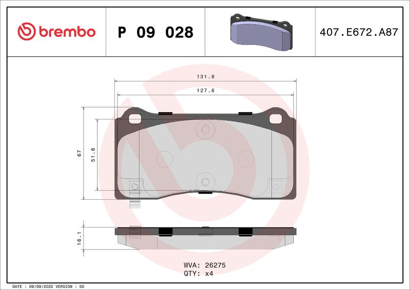 Stabdžių trinkelių rinkinys, diskinis stabdys BREMBO P 09 028