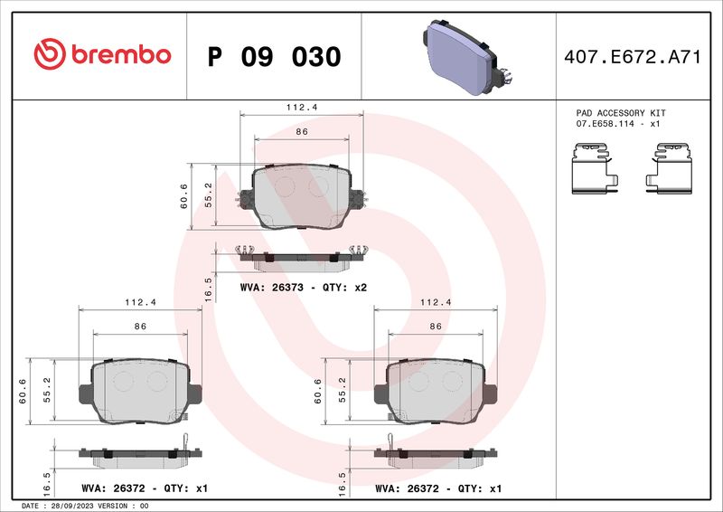 Комплект гальмівних накладок, дискове гальмо BREMBO P 09 030