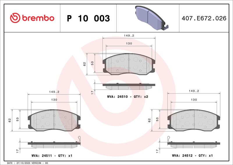 Комплект гальмівних накладок, дискове гальмо BREMBO P 10 003