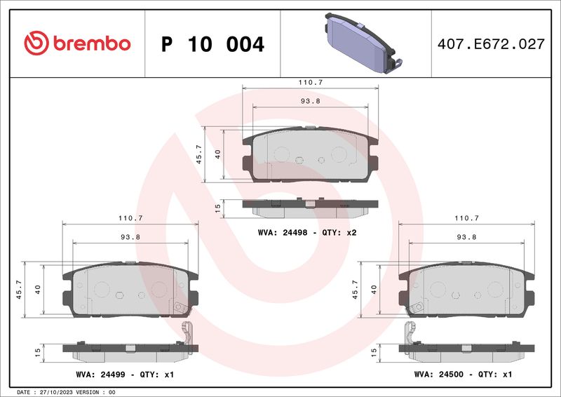 Stabdžių trinkelių rinkinys, diskinis stabdys BREMBO P 10 004