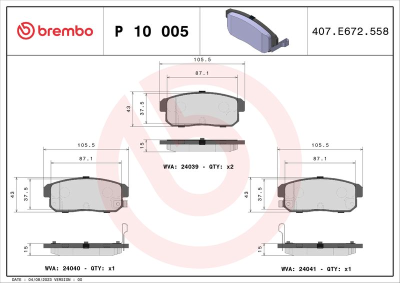 Комплект гальмівних накладок, дискове гальмо BREMBO P 10 005