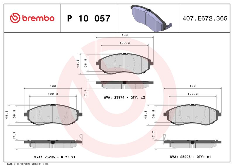 Stabdžių trinkelių rinkinys, diskinis stabdys BREMBO P 10 057