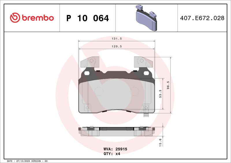 Комплект гальмівних накладок, дискове гальмо BREMBO P 10 064