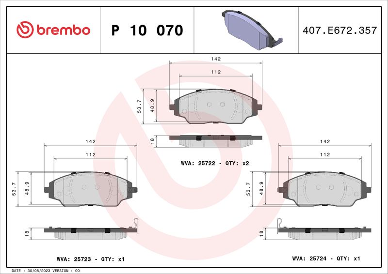 Комплект гальмівних накладок, дискове гальмо BREMBO P 10 070