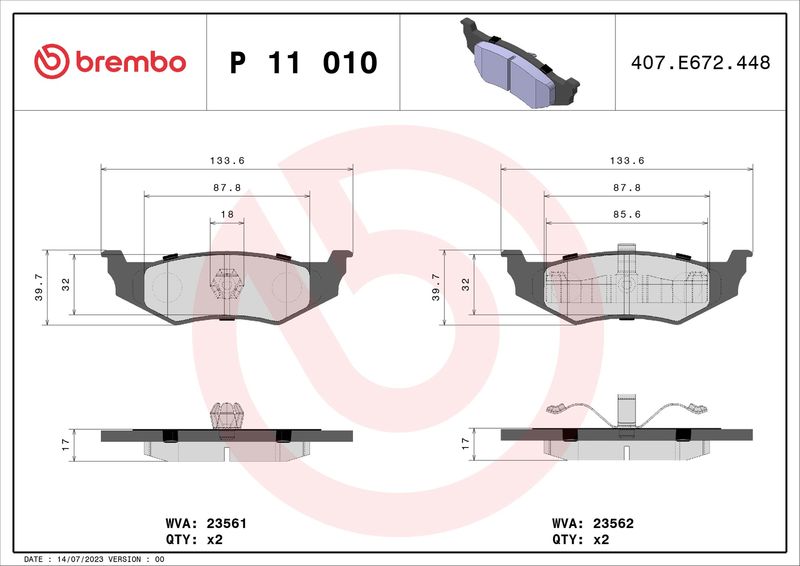 Комплект гальмівних накладок, дискове гальмо BREMBO P 11 010