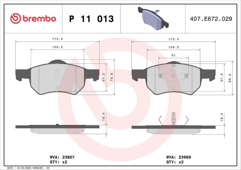 Комплект гальмівних накладок, дискове гальмо BREMBO P 11 013