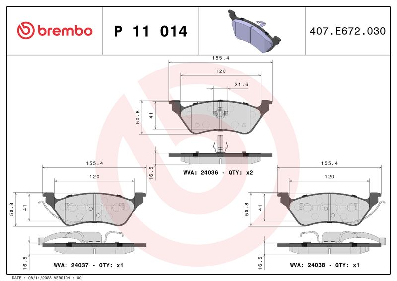 Комплект гальмівних накладок, дискове гальмо BREMBO P 11 014