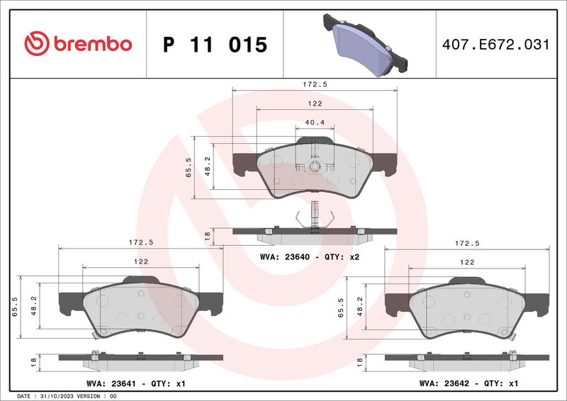 Комплект гальмівних накладок, дискове гальмо BREMBO P 11 015