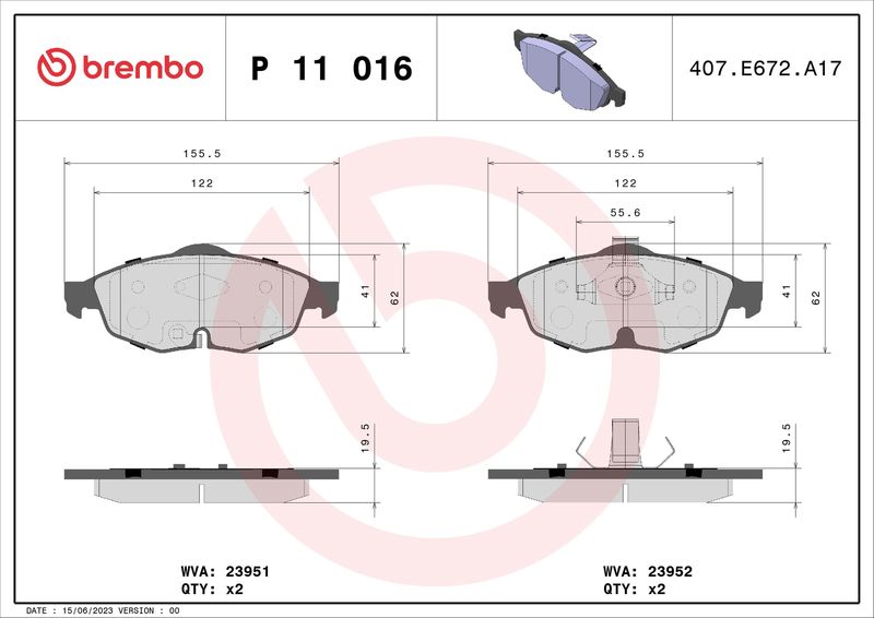 Комплект гальмівних накладок, дискове гальмо BREMBO P 11 016