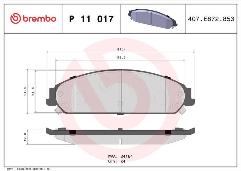 Комплект гальмівних накладок, дискове гальмо BREMBO P 11 017