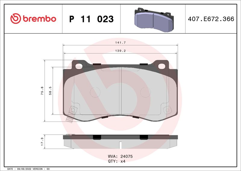 Комплект гальмівних накладок, дискове гальмо BREMBO P 11 023