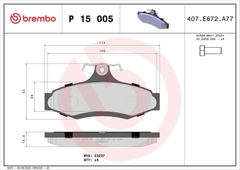 Комплект гальмівних накладок, дискове гальмо BREMBO P 15 005