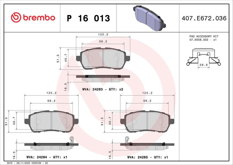 Комплект гальмівних накладок, дискове гальмо BREMBO P 16 013