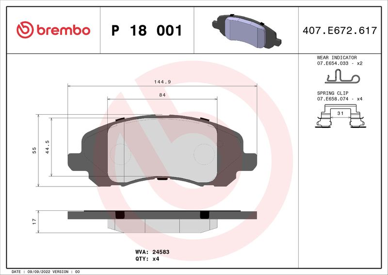 Комплект гальмівних накладок, дискове гальмо BREMBO P 18 001
