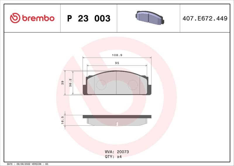 Stabdžių trinkelių rinkinys, diskinis stabdys BREMBO P 23 003