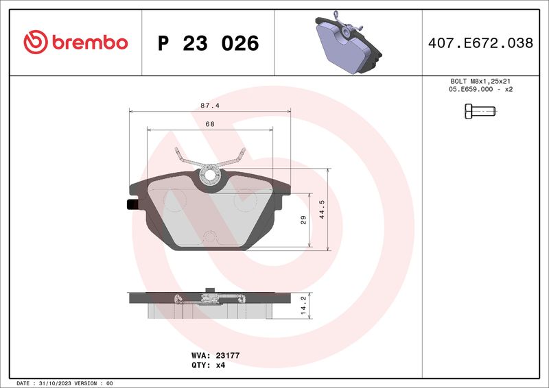 Комплект гальмівних накладок, дискове гальмо BREMBO P 23 026