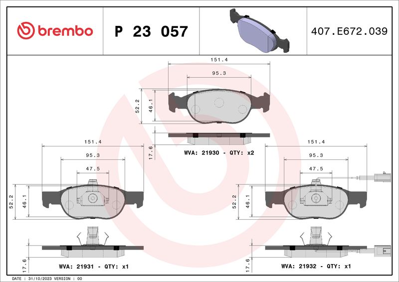 Stabdžių trinkelių rinkinys, diskinis stabdys BREMBO P 23 057