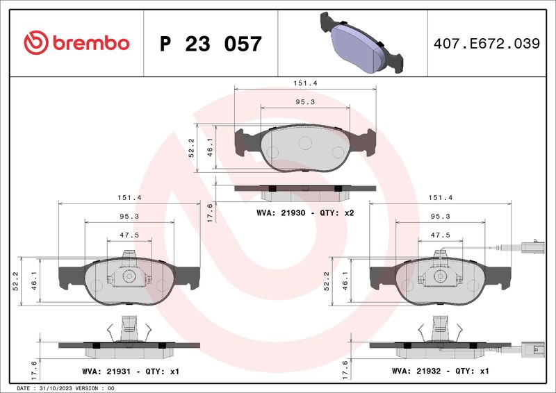 Комплект гальмівних накладок, дискове гальмо BREMBO P 23 057