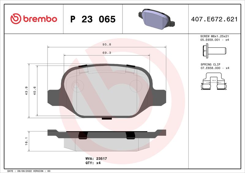 Комплект гальмівних накладок, дискове гальмо BREMBO P 23 065
