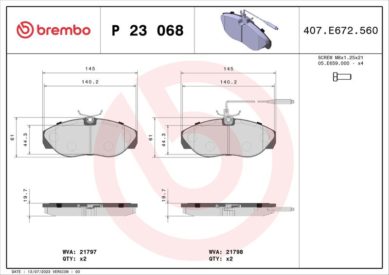 Комплект гальмівних накладок, дискове гальмо BREMBO P 23 068