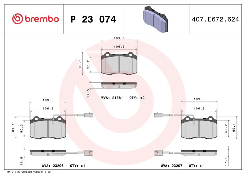 Комплект гальмівних накладок, дискове гальмо BREMBO P 23 074