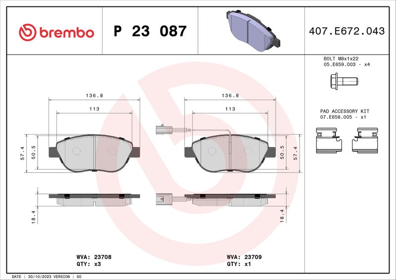 Stabdžių trinkelių rinkinys, diskinis stabdys BREMBO P 23 087