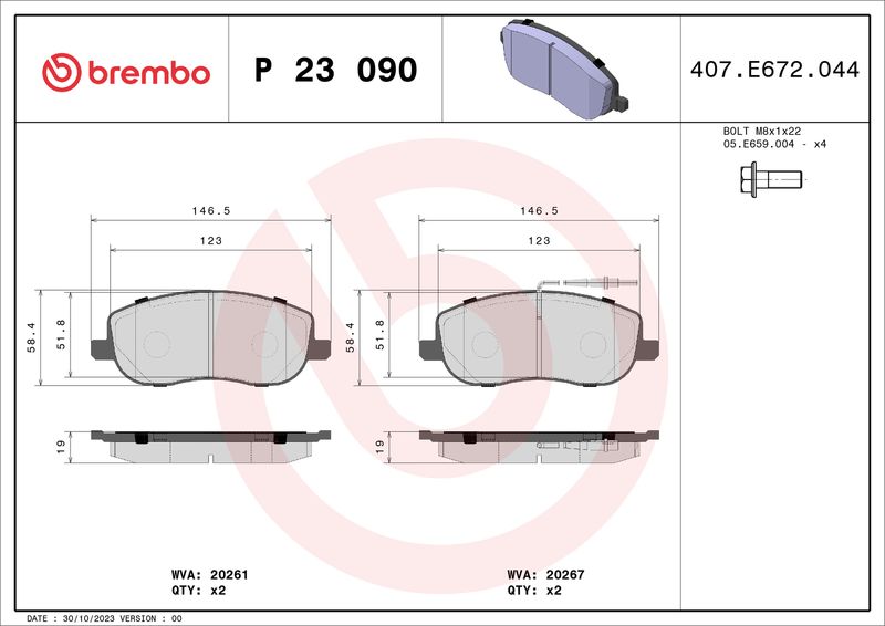 Stabdžių trinkelių rinkinys, diskinis stabdys BREMBO P 23 090