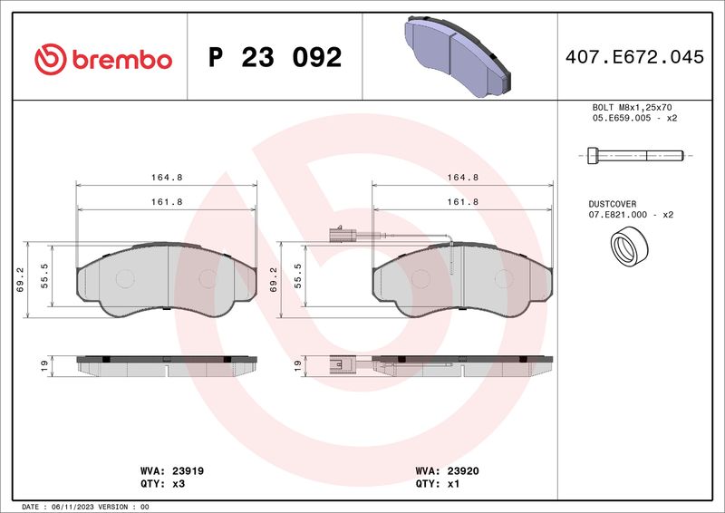 Комплект гальмівних накладок, дискове гальмо BREMBO P 23 092