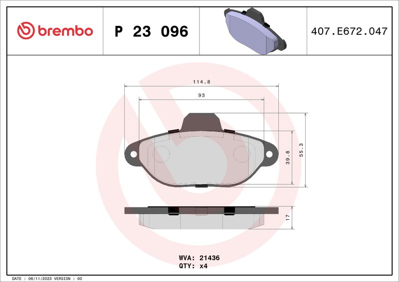 Stabdžių trinkelių rinkinys, diskinis stabdys BREMBO P 23 096