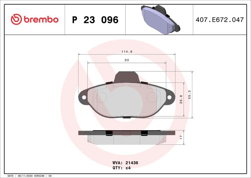 Комплект гальмівних накладок, дискове гальмо BREMBO P 23 096