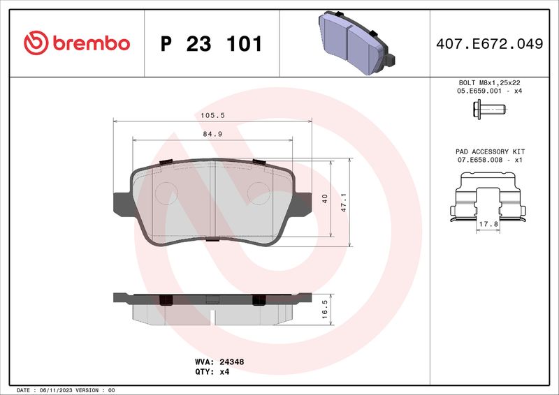 Комплект гальмівних накладок, дискове гальмо BREMBO P 23 101