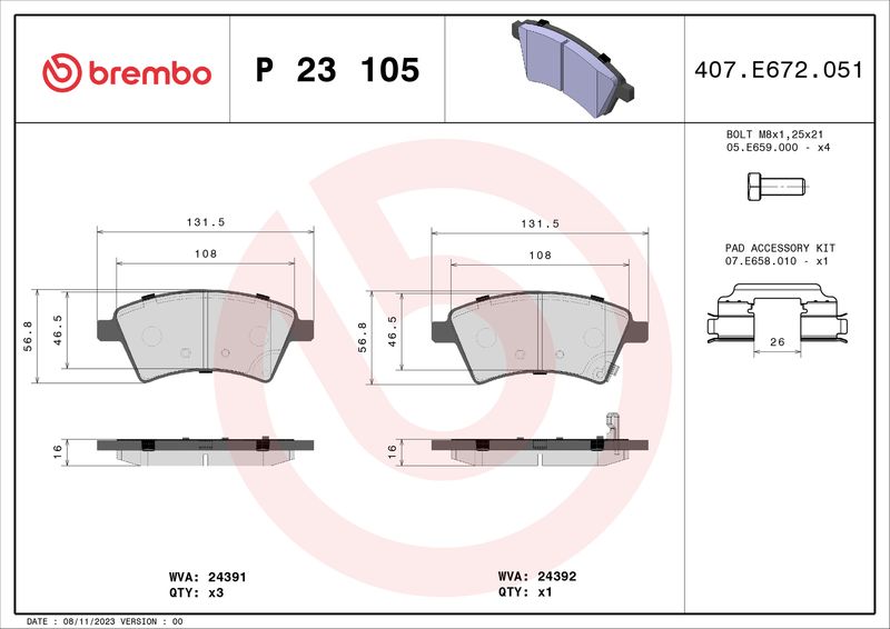 Комплект гальмівних накладок, дискове гальмо BREMBO P 23 105