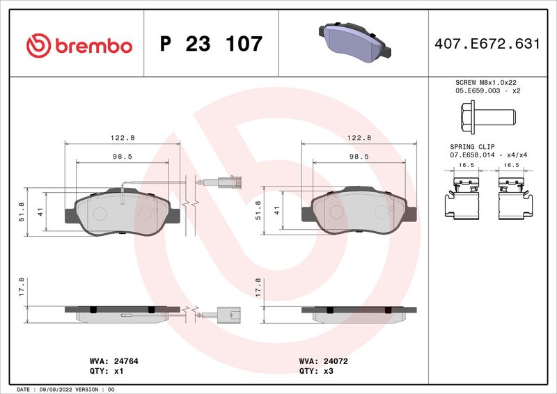 Комплект гальмівних накладок, дискове гальмо BREMBO P 23 107