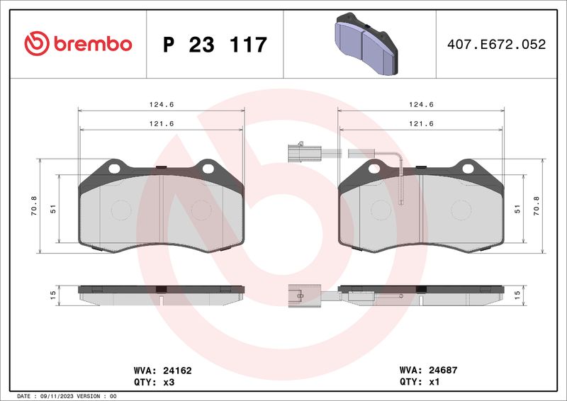 Комплект гальмівних накладок, дискове гальмо BREMBO P 23 117