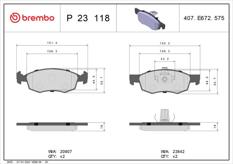 Stabdžių trinkelių rinkinys, diskinis stabdys BREMBO P 23 118